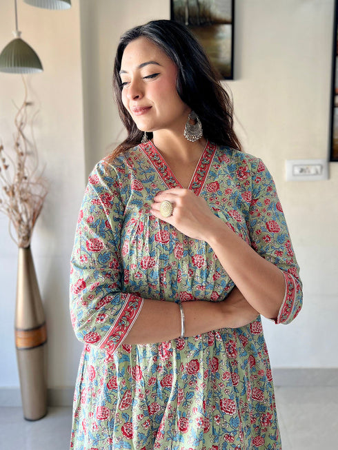 Sea Green Cotton Floral Print Kurta with Pant